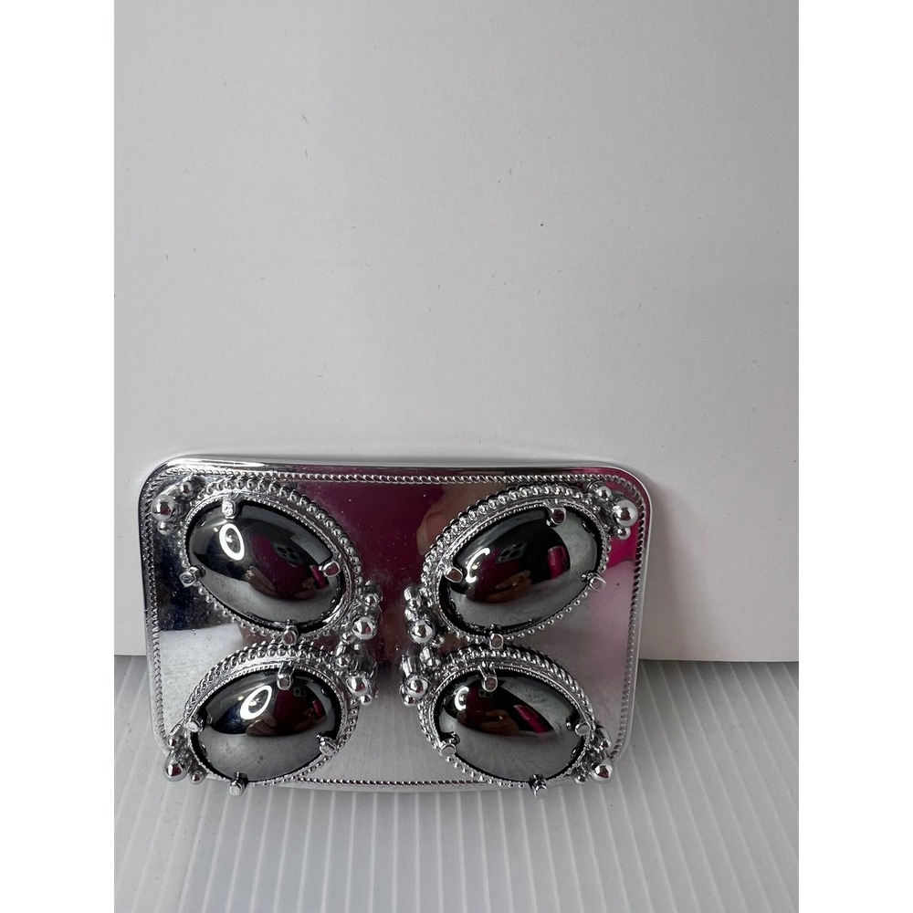 Silver Tone Western Belt Buckle Four Oval Hematite Stones Cabochon Rectangular